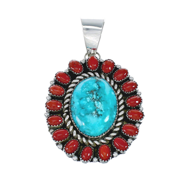 Navajo Turquoise and Coral Multi-Stone Sterling Silver Pendant NN20503